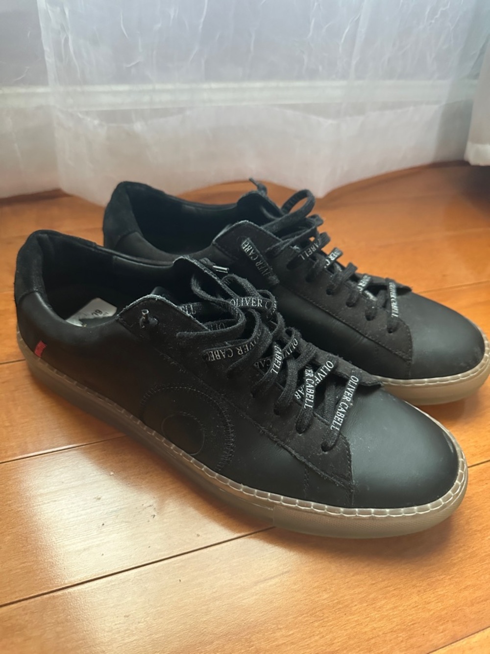 Oliver Cabell Black Leather & Suede Low-Top Sneakers with Tan Gum Sole